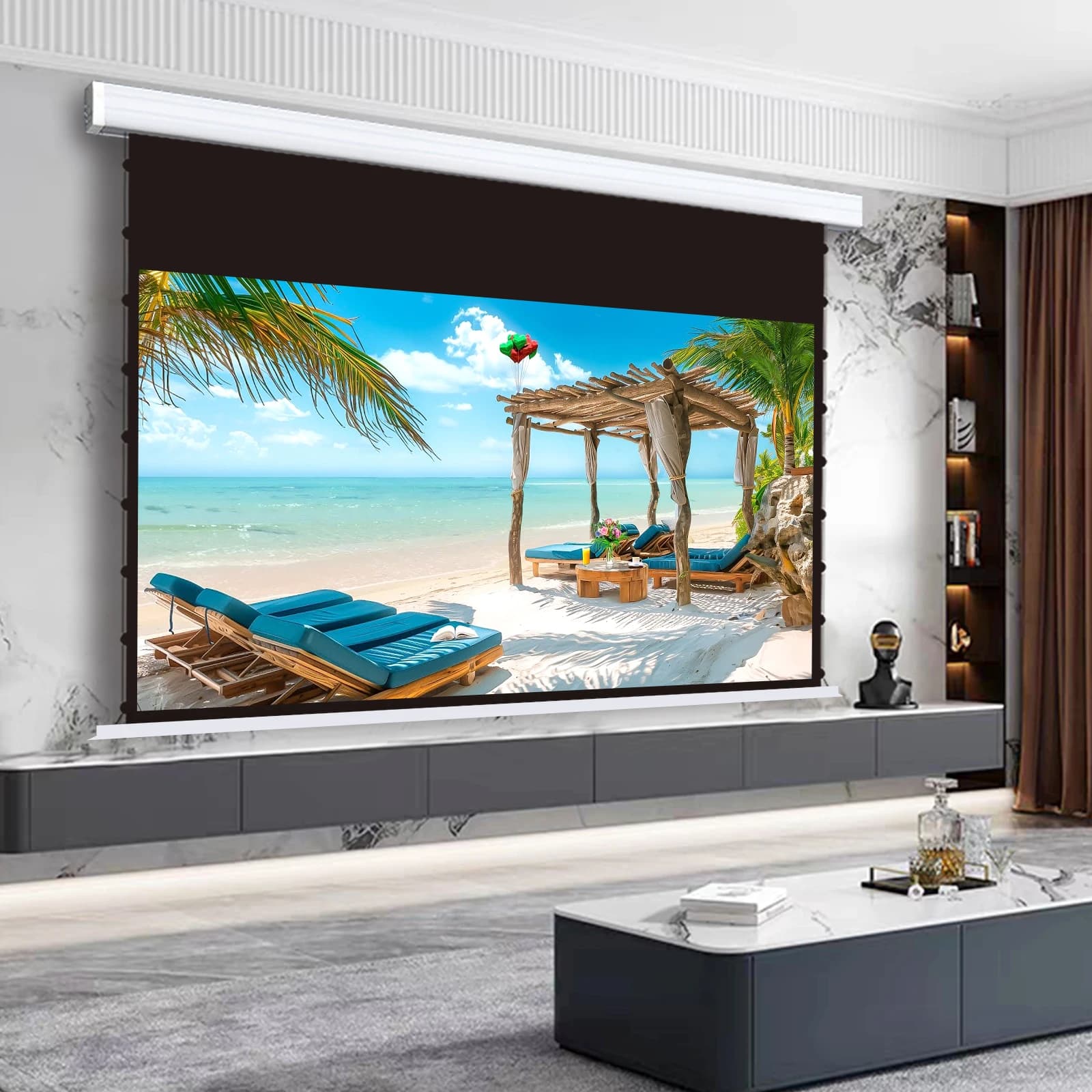 Schermo elettrico da soffitto da 72''-150'' con linguetta motorizzata, tensione ALR, schermo per proiettore estraibile per proiettore a lungo raggio