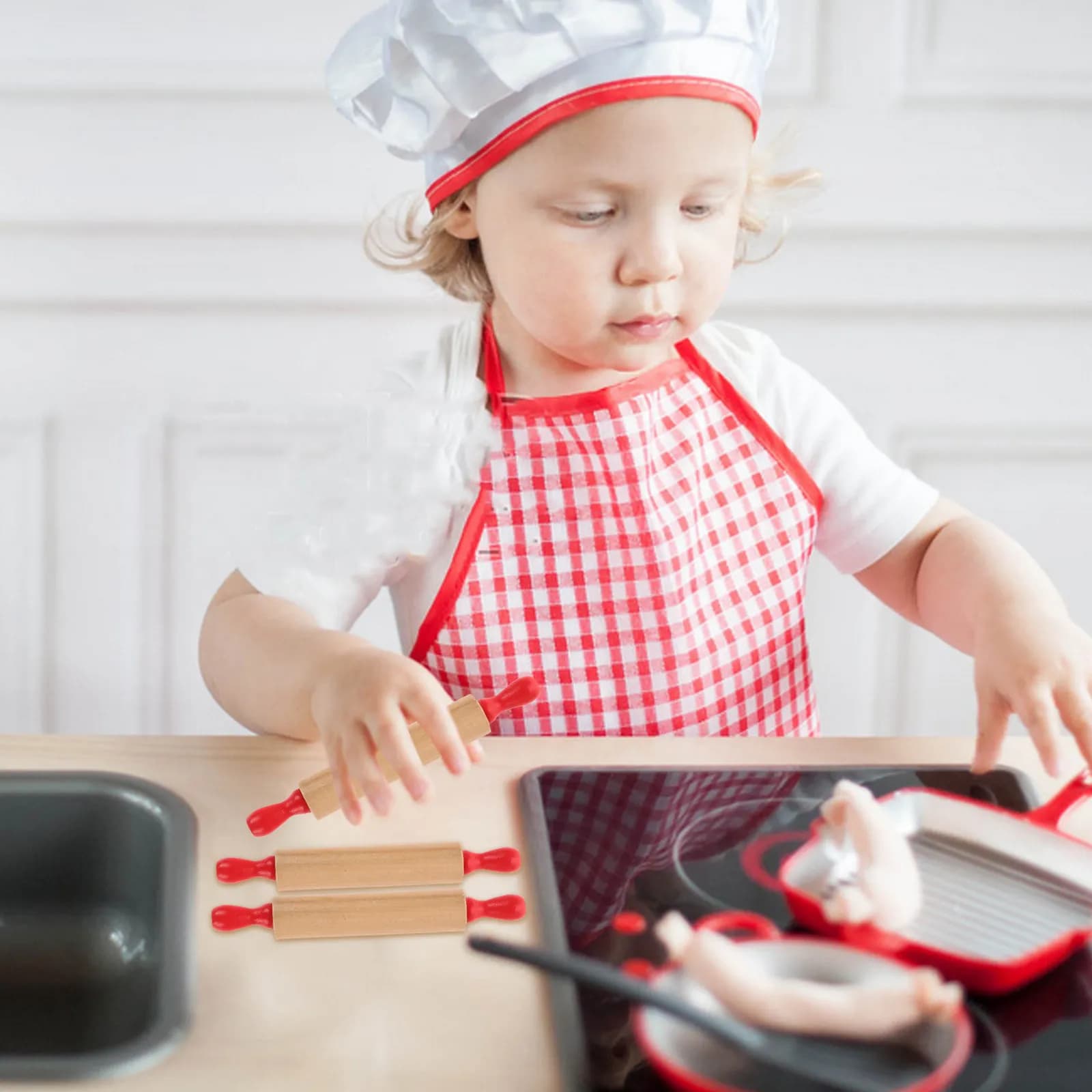 Set di 4 Mini Mattarelli in Legno per Bambini, per Impastare e Modellare, Gioco di Ruolo in Cucina, Materiale Sicuro Antiaderente