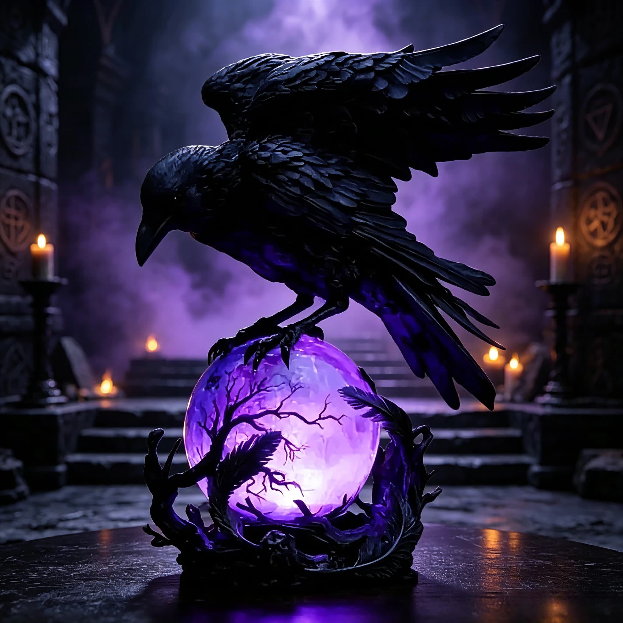 Gothic Raven LED Lamp Sculpture Purple Glow Sphere Mysterious Decor for Dark Art Unique Desk Night Light Ornament