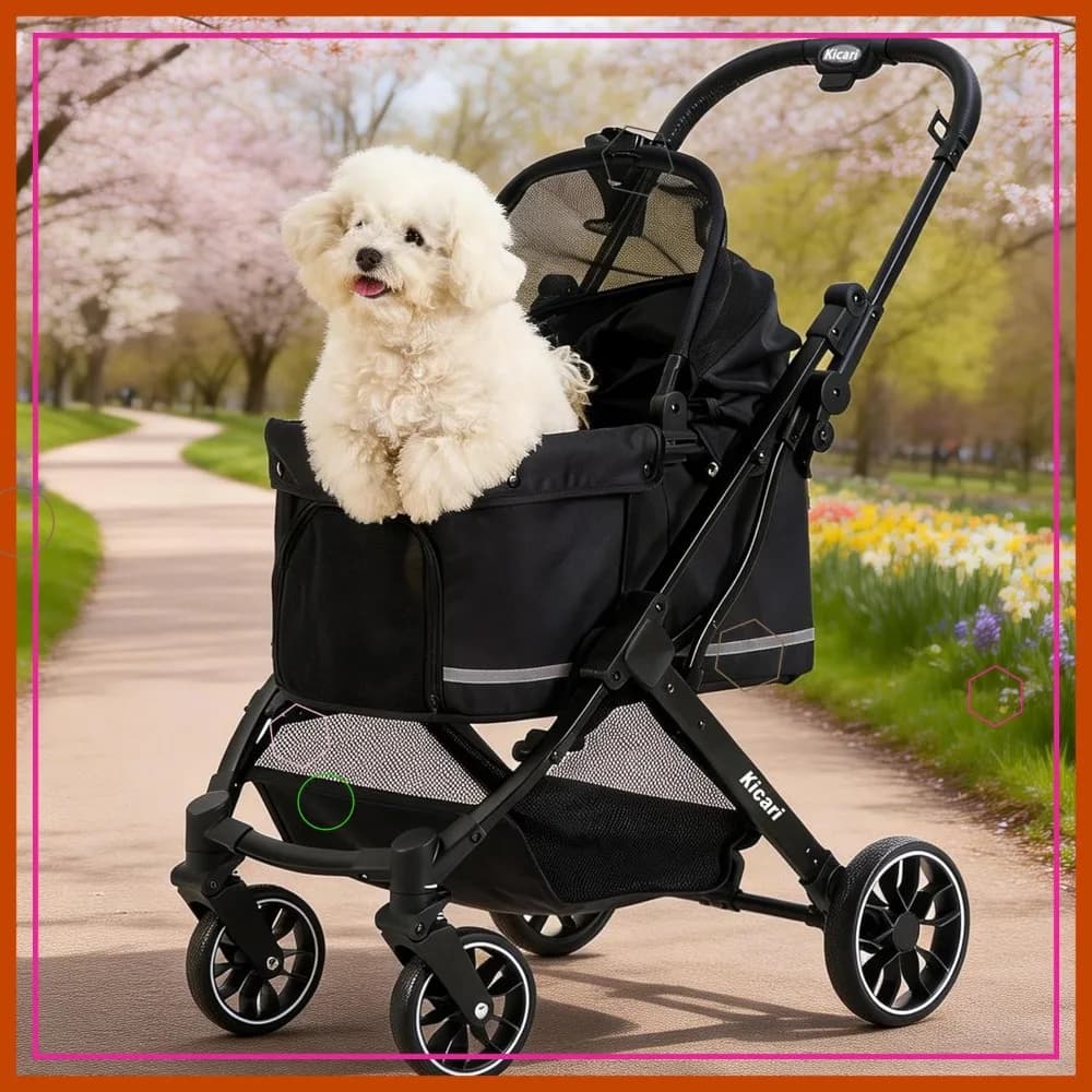 Passeggino per Cani Adatto a Tutti i Terreni per Animali Domestici di Piccola e Media Taglia, Facile da Piegare con Una Mano, Tettuccio e Rete Anti-UV, Nero Samurai