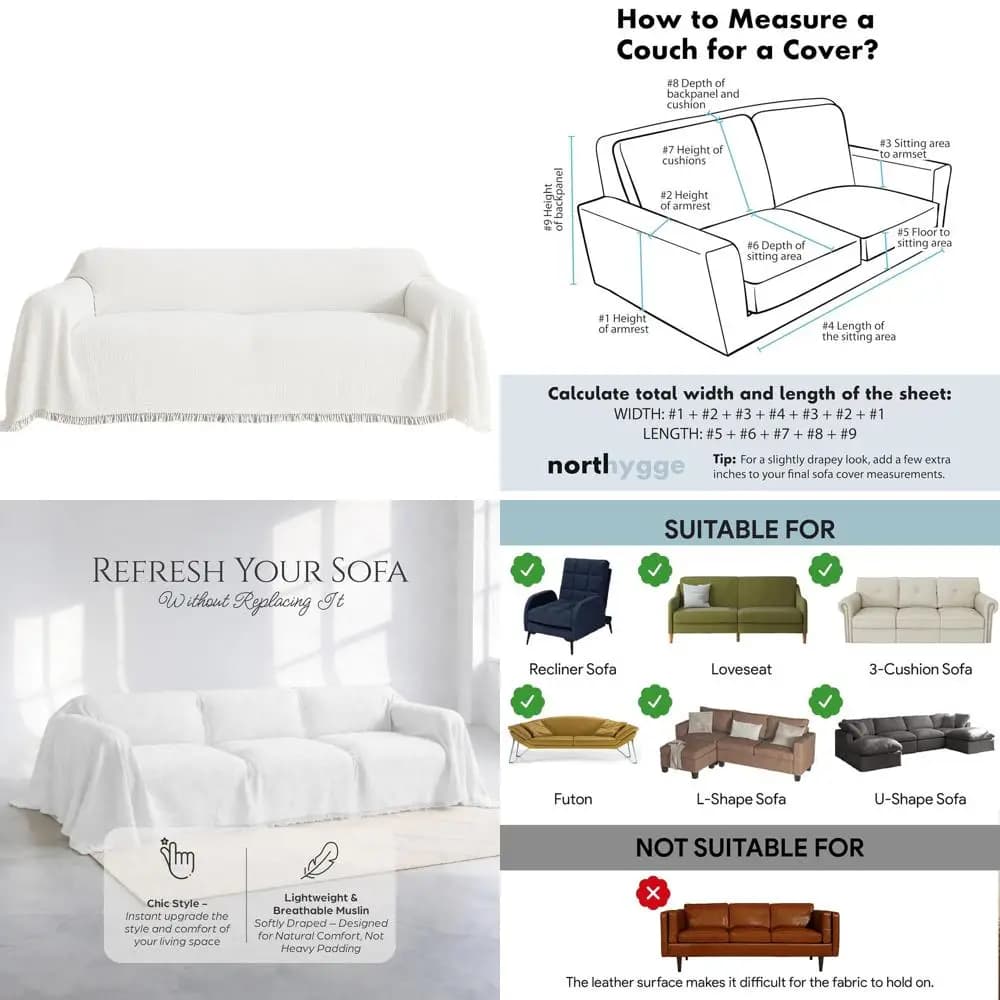 100% cotton washable cover, suitable for two-seat sofa, sofa, modular sofa, 4-layer muslin, white, 71x134 inch
