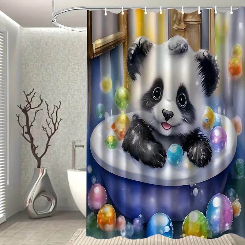 Cute Panda Shower Curtain, Cartoon Bear in Bathtub with Colorful Balls, Waterproof Kids Bathroom Decor, Animal Theme
