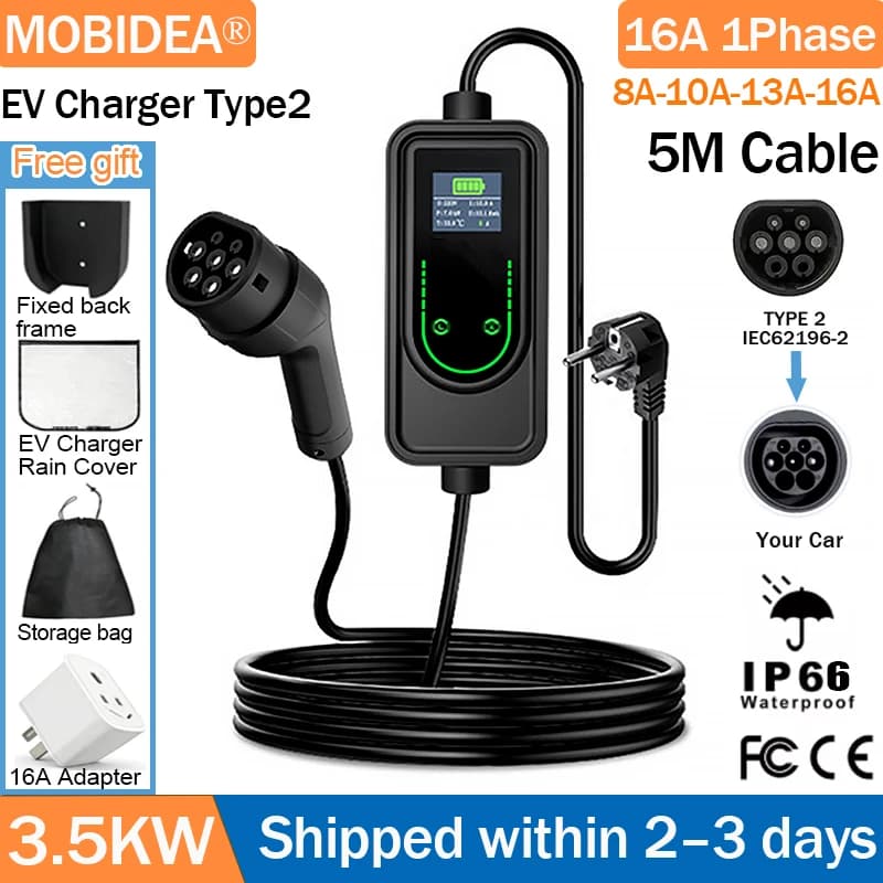 Caricatore EV Portatile MOBIDEA 3.5KW 16A Monofase Tipo 2, Cavo di Ricarica EV Regolabile 8/10/13/16A, 5M IP66 Impermeabile per BYD