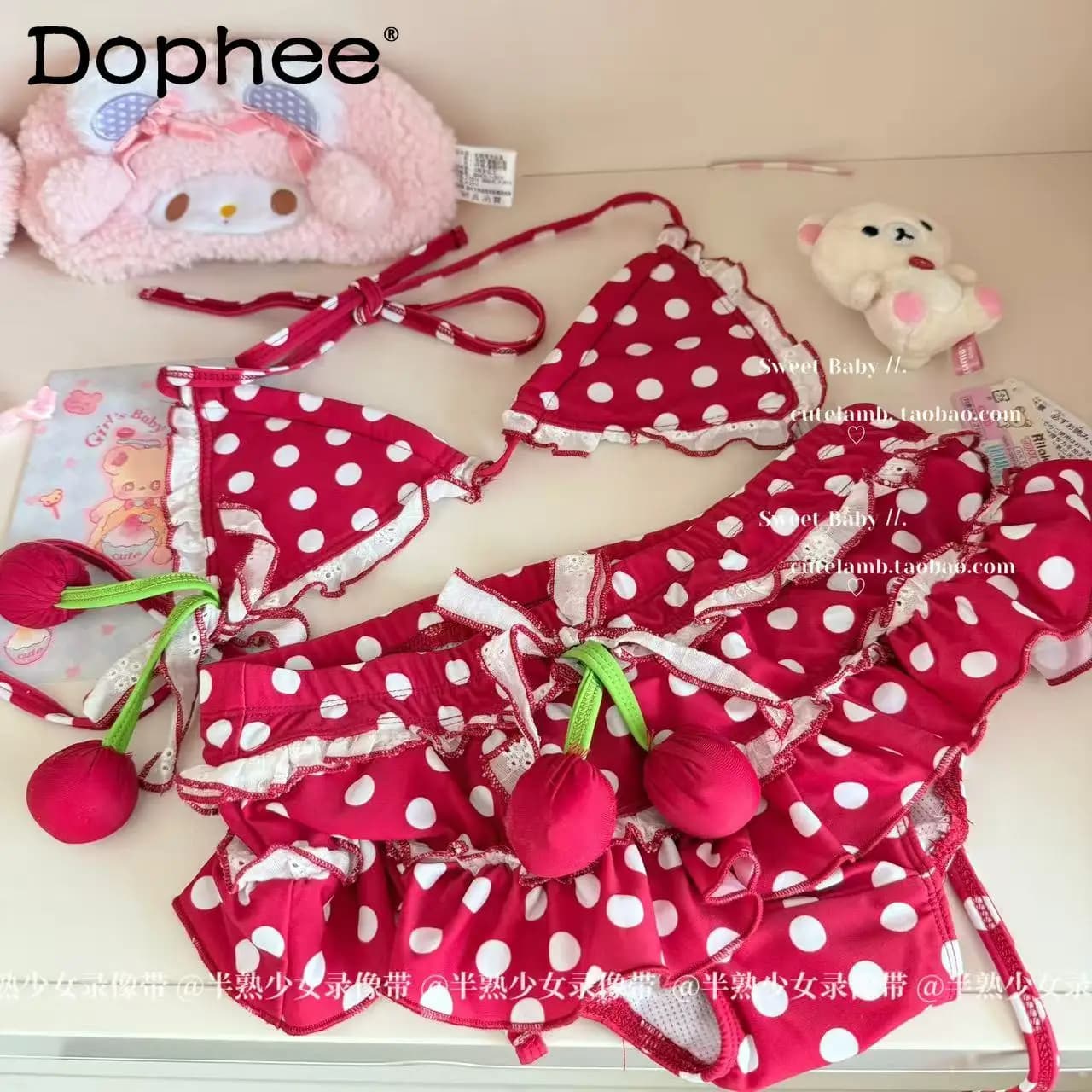 Set di costumi da bagno per ragazza carina con coppa a triangolo originale giapponese con imbottitura sul petto, set di due pezzi per costume da bagno diviso sexy a pois rossi per ragazza carina