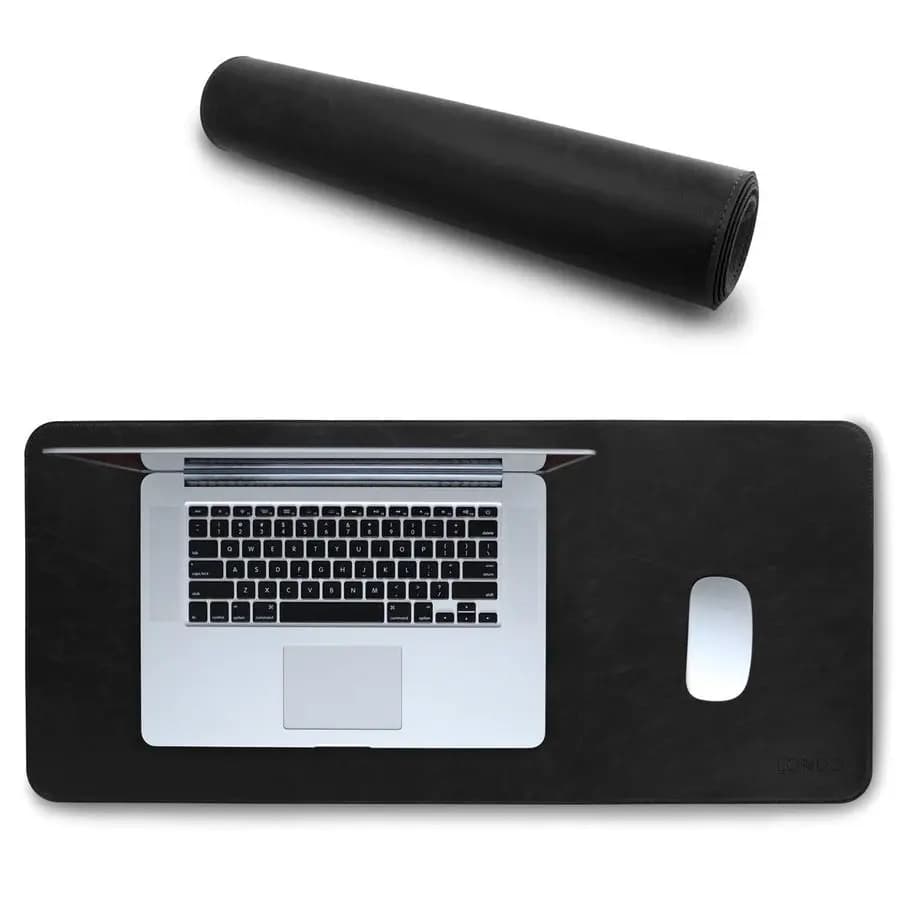 Extended leather mouse mat, large office and gaming desk mat, smooth writing surface, anti-slip base, durable and elegant.