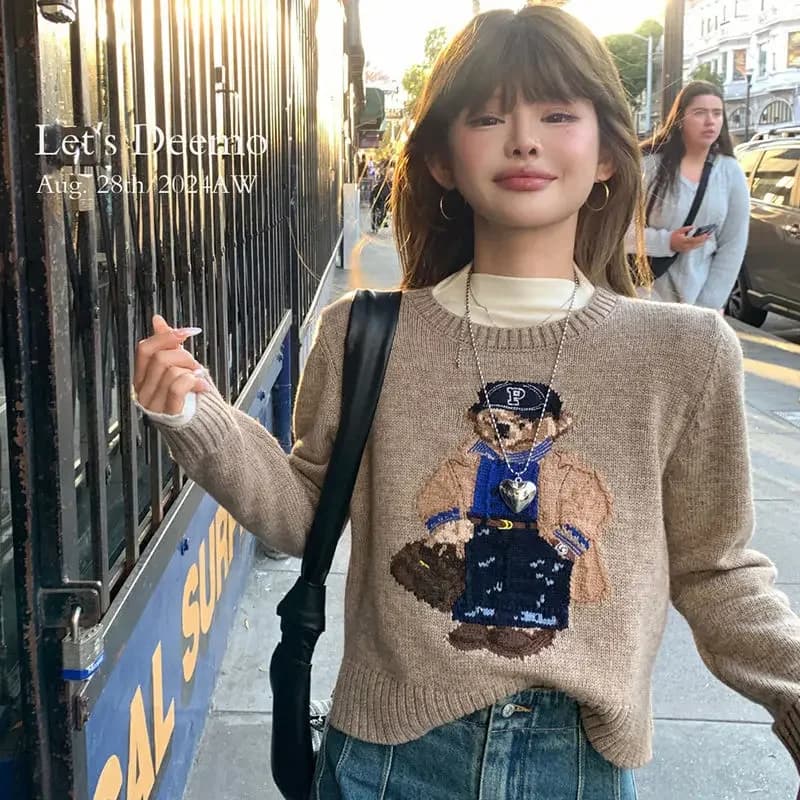 Nuovo maglione lavorato a maglia autunnale da donna simpatico orso ricamo O-Collo manica lunga maglieria in cashmere moda coreana pullover stile preppy