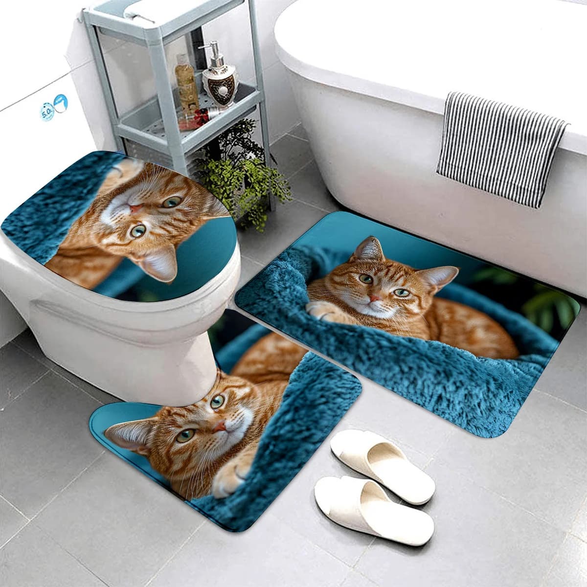 Set di tappetini da bagno per gatti adorabili da 3 pezzi con copri coperchio per WC + tappetino a forma di U, decorazioni natalizie spesse antiscivolo lavabili in lavatrice