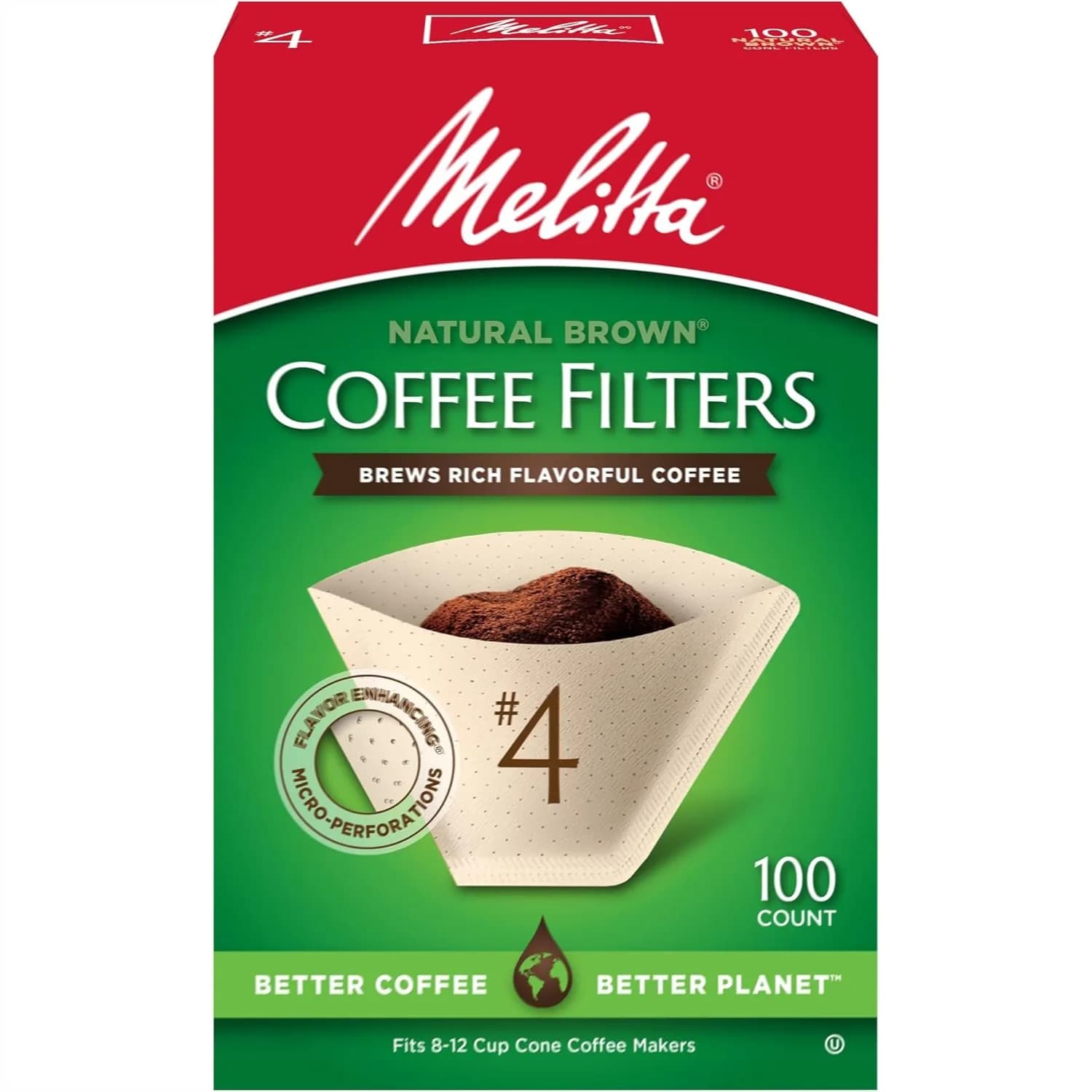 Unbleached Cone Coffee Filters #4 for 8-12 Cup Makers, Natural Brown, Compostable, 100 Count