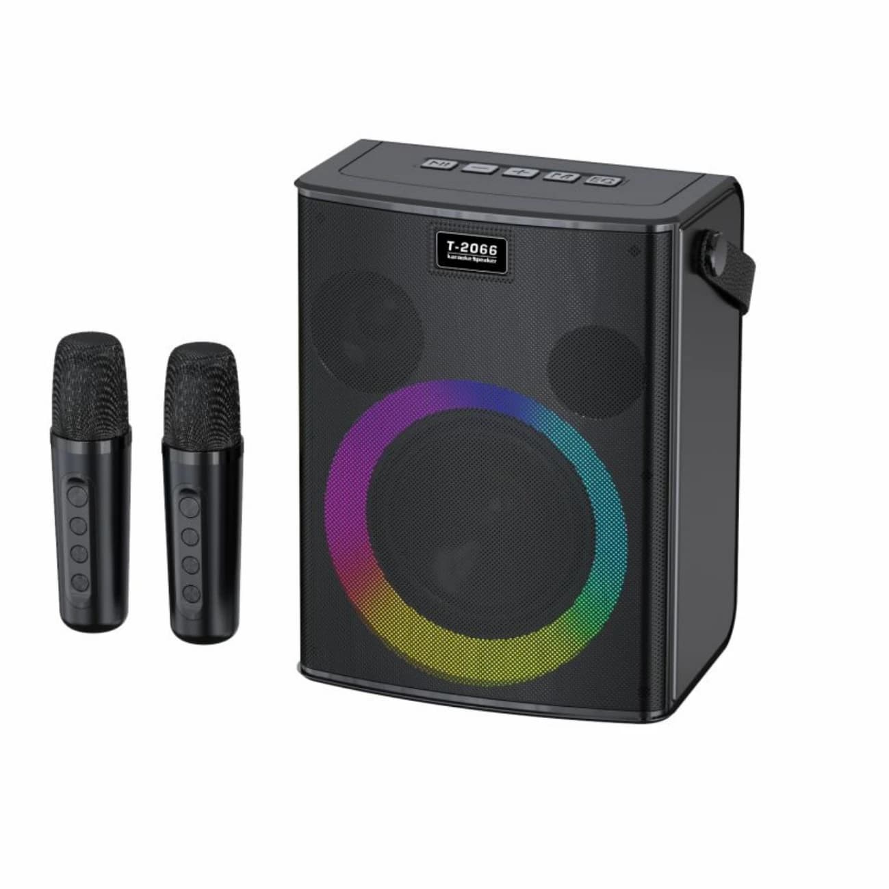 Karaoke machine, portable Bluetooth speaker, super colorful LED lighting effect, 2 wireless microphones and 5 sound effects