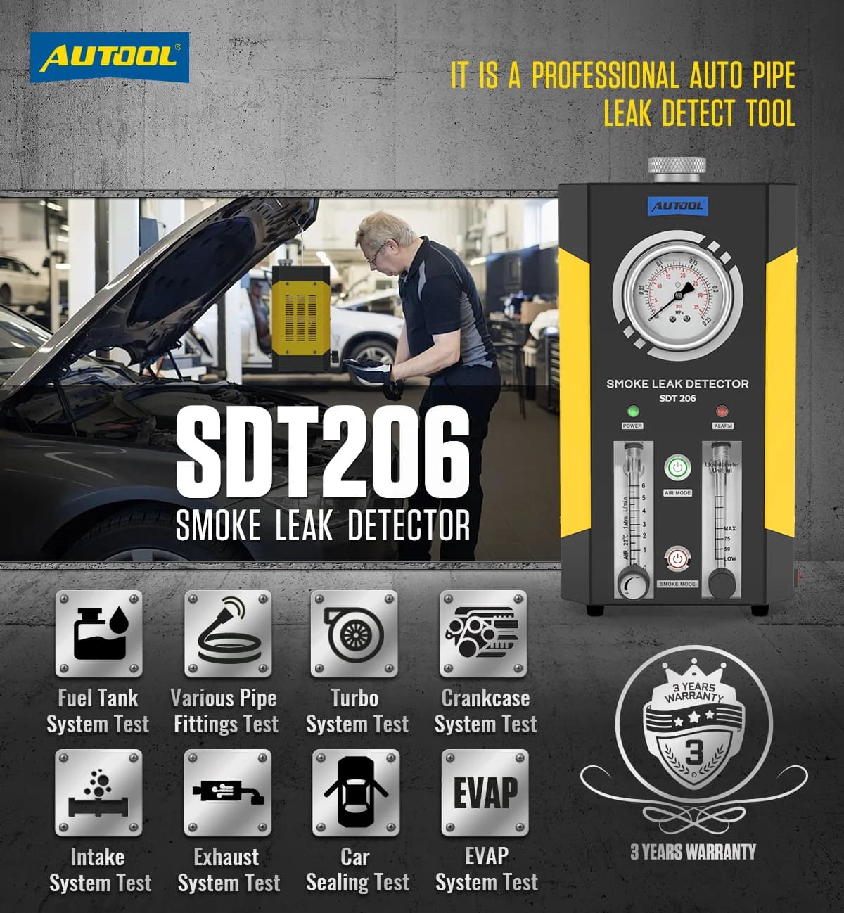 Rilevatore di perdite di fumo per auto AUTOOL SDT206, strumento diagnostico per perdite EVAP, localizzatore di guasti auto, generatore diagnostico per valvole di aspirazione