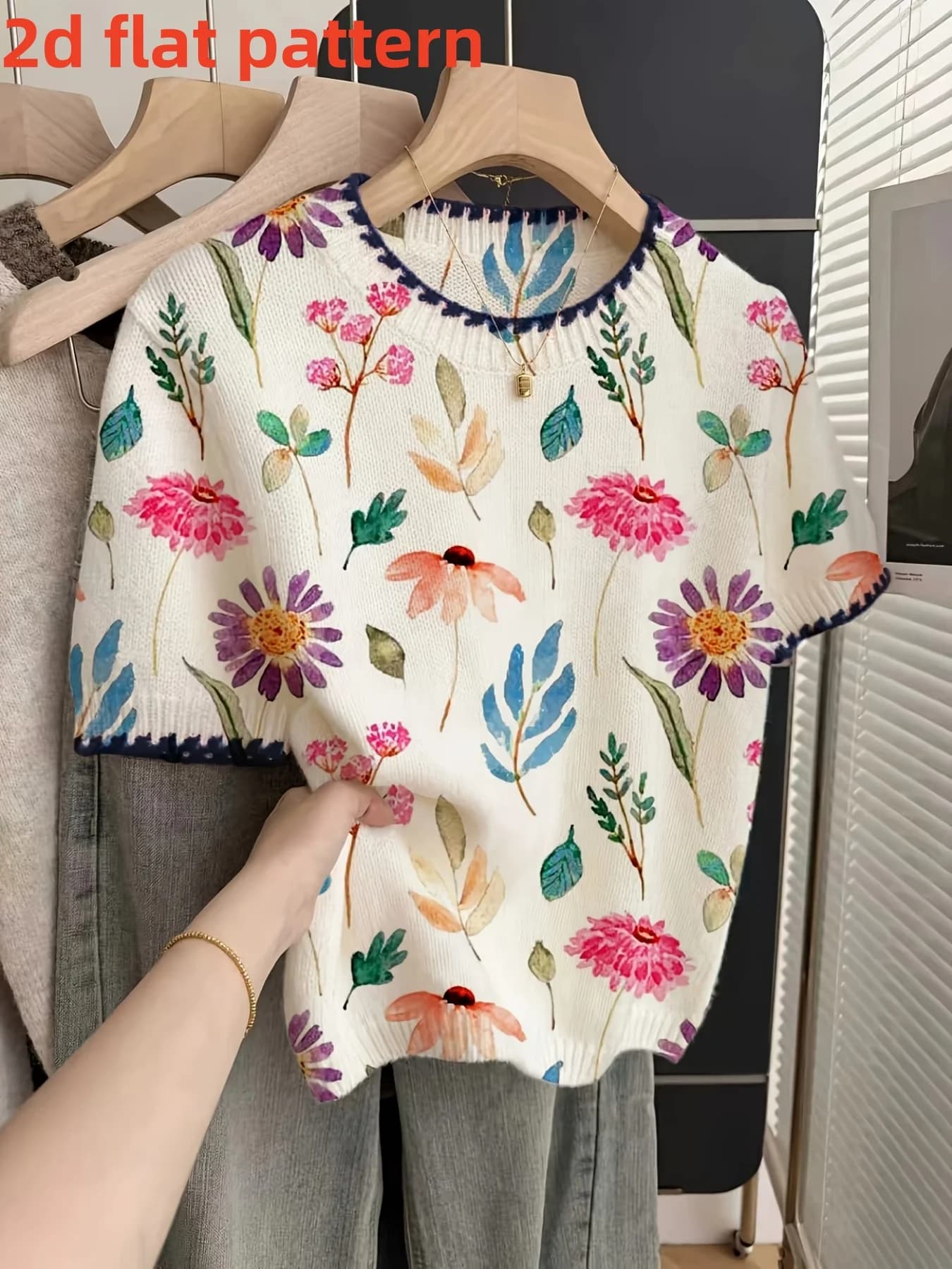 2D Flat Pattern Spring and Summer Fashion New Style Pullover Round Neck Short-Sleeved Women's Top with Floral Pattern Flat Digital Printing Trendy Women's Top
