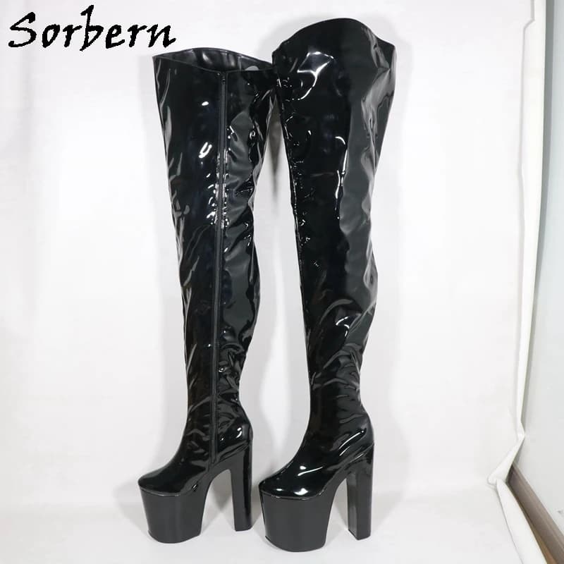 Sorbern Black Crotch High Boots Women Zipper Up Thick Platform Designer Fetish Extreme High Heel Boots Fetish Plus Size US4-17