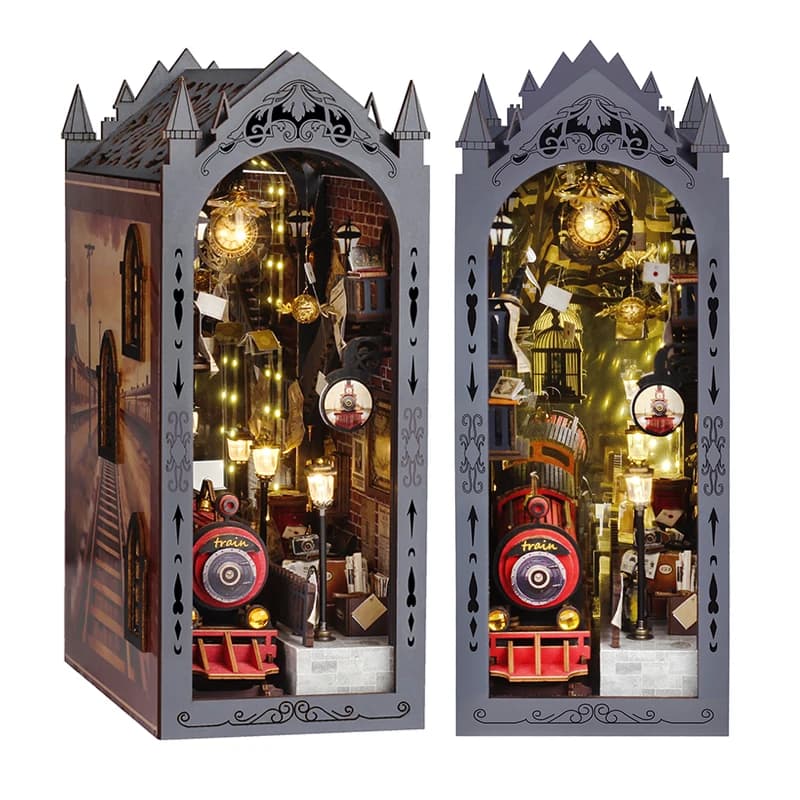 Case delle bambole in legno fai-da-te Kit di inserti per scaffali per angolo di libri Kit di modelli in miniatura Scaffale per puzzle 3D con luci a LED per regali di Natale
