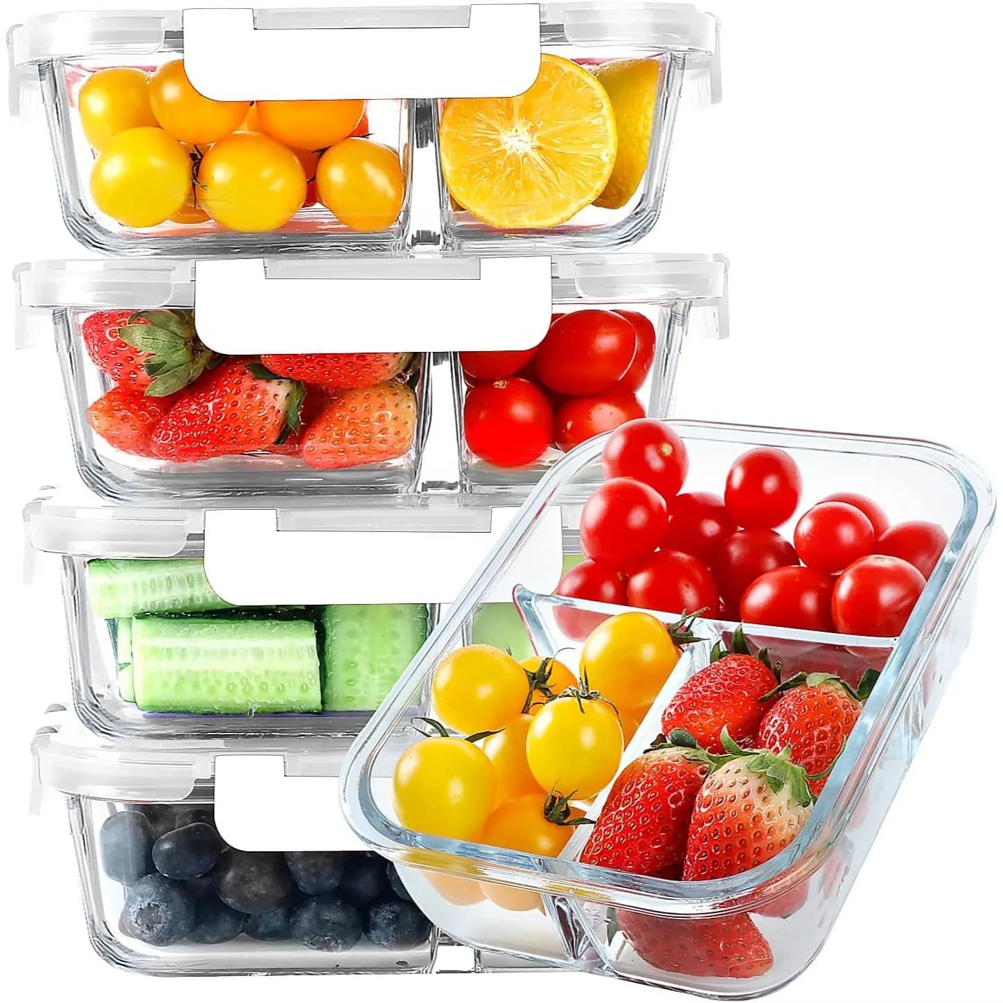 Contenitori in Vetro per Preparazione Pasti con 3 Scomparti, Set da 5 da 36 oz, Scatola Bento Ermetica con Coperchi, Adatta per Freezer e Microonde, Bianca