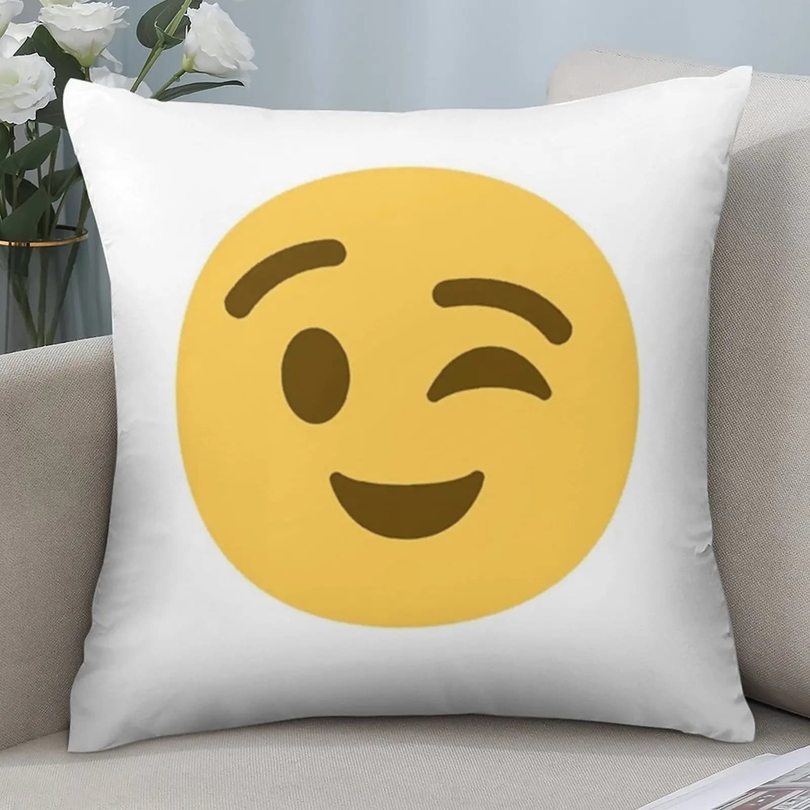 Cute Winking Emoji Pillowcase, Yellow Smiley Face Cushion Cover, Funny Cartoon Home Decor for Sofa Bedroom Kids Room Living Room