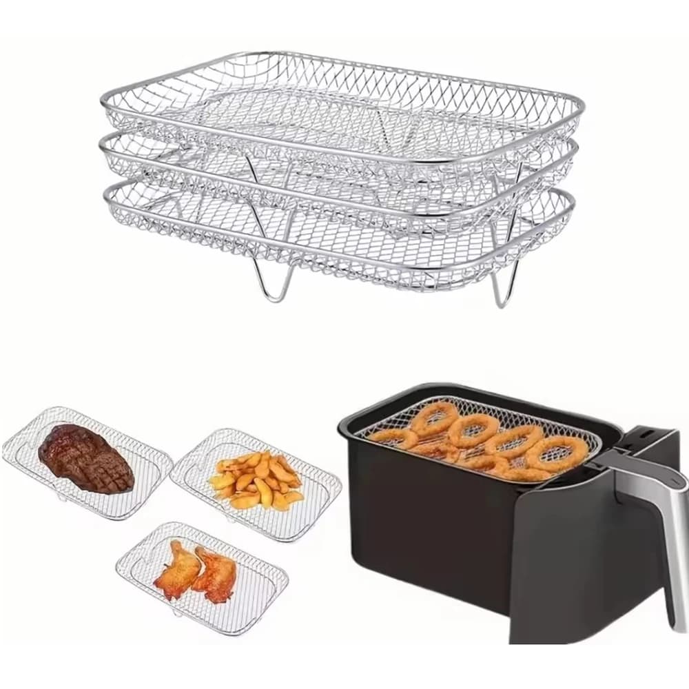 Accessori per Friggitrice ad Aria in Acciaio Inox a 1/3 Livelli, Griglia BBQ Impilabile, Cestello per Frittura, Utensile Multifunzione per Cottura e Cucina