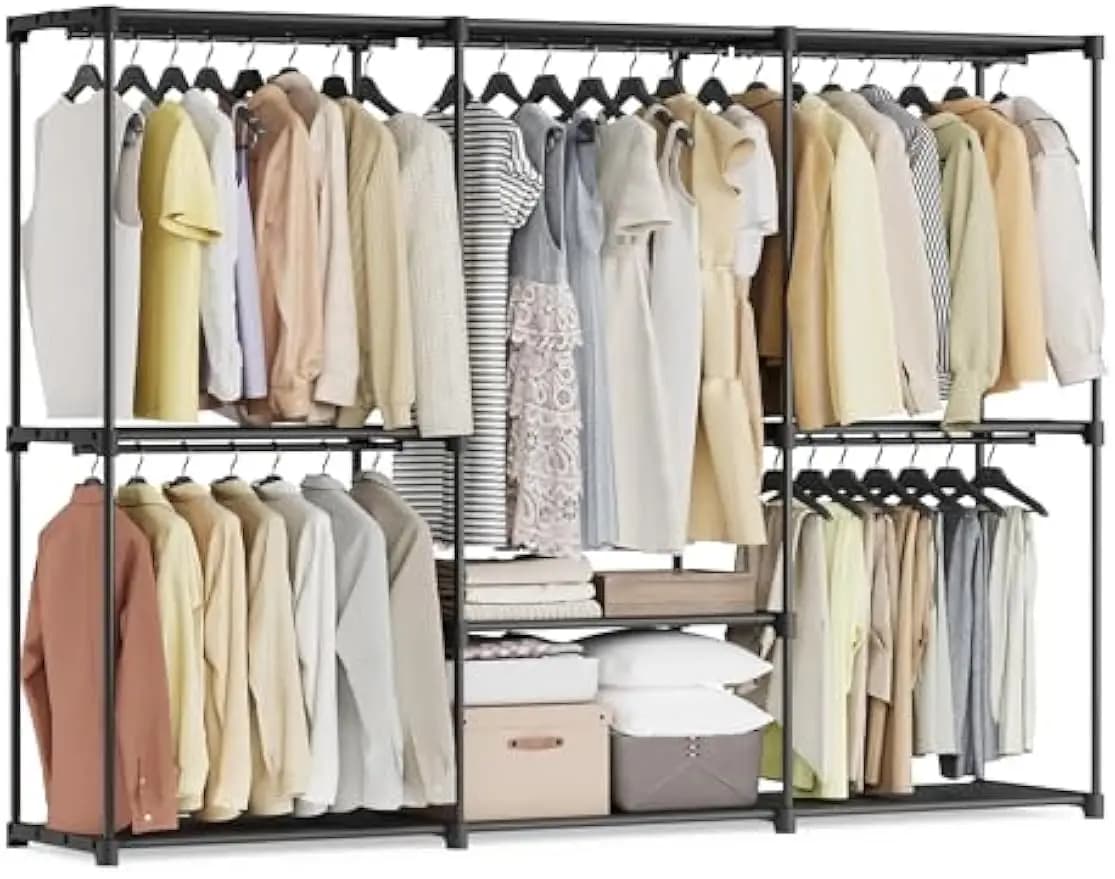 Organizer per armadio portatile con ripiani e aste per appendere, scaffale autoportante per camera da letto, nero, 80,7 x 17,1 x 65,4 pollici