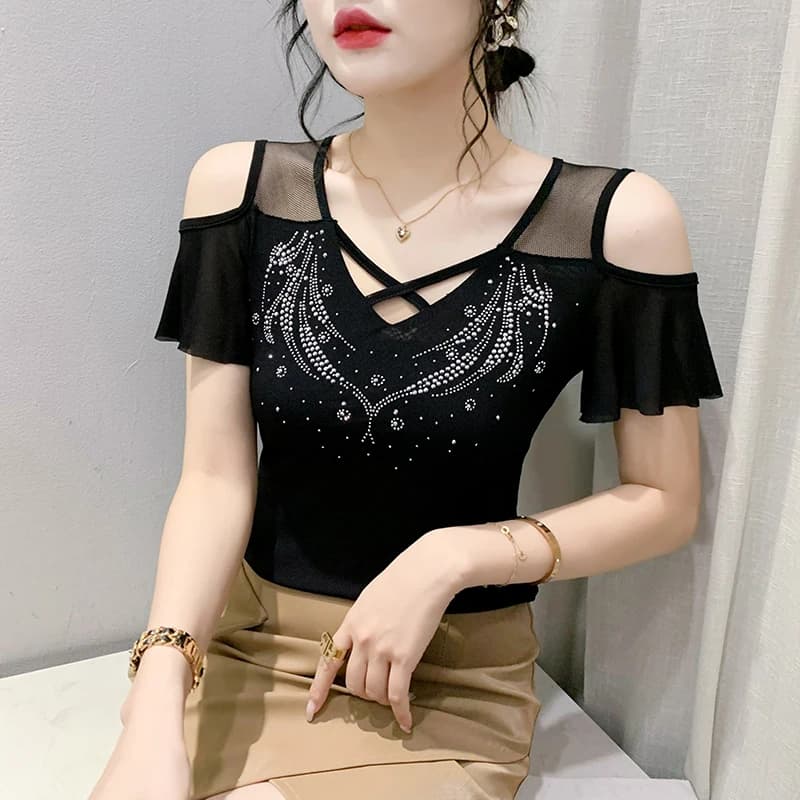 Top da donna estivi a maniche corte con spalle scoperte T-shirt in rete elastica con diamanti caldi casual alla moda 3XL