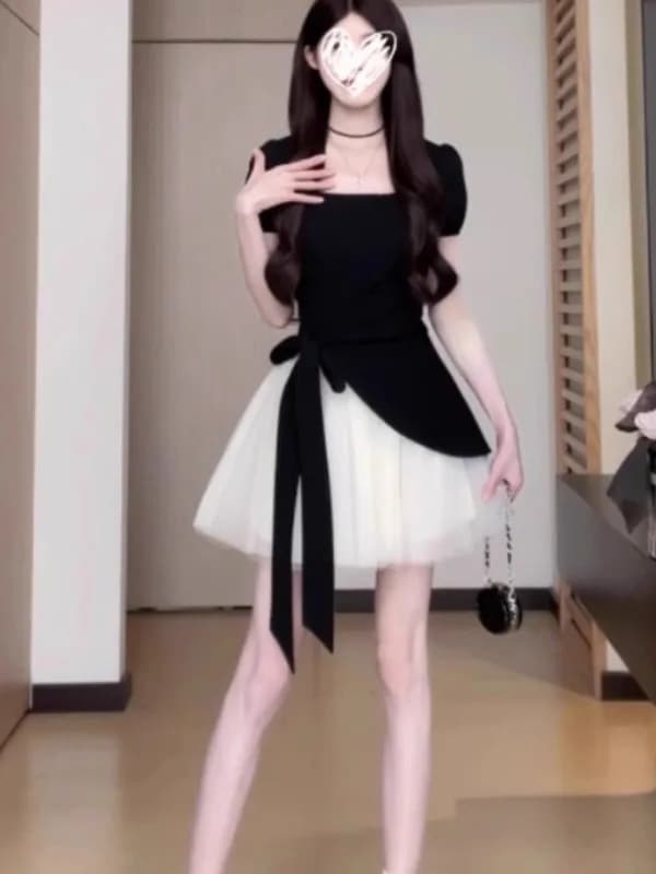 plus Size Short Sleeve Dress Women Summer Slimming Mesh Skirt Design Irregular Concealing High Waist French Style Dress