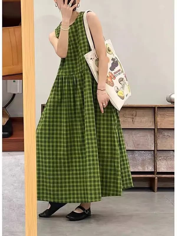 Abito lungo sottile in cotone a quadri da donna, taglie forti, con cintura a coulisse, scollo rotondo, stile gilet, per il tempo libero estivo