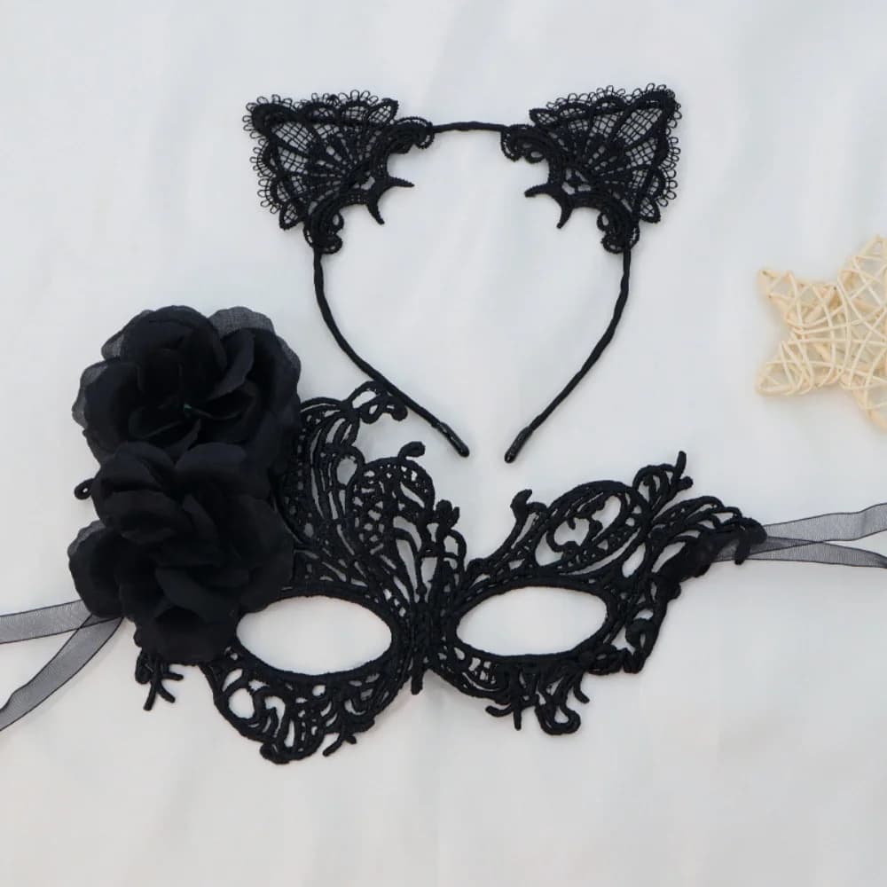 Women's Sexy Black Lace Eye Mask Cat Ear Headband Set Red Halloween Party Decors Costume Accessories Masquerade Cosplay Supplies