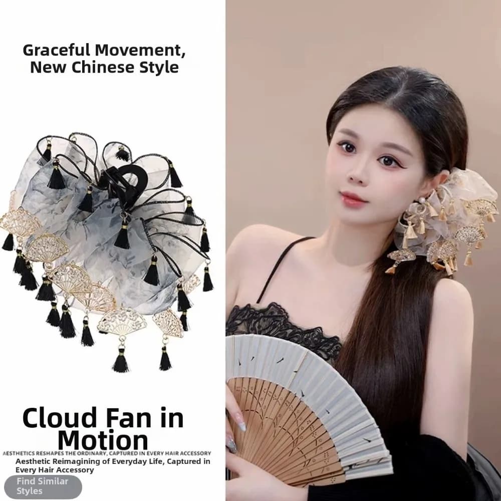 Chinese Style Ancient Fan-shaped Tassel Hair Clips Lotus Motif Handmade Back-of-head Shark-shaped Clips Fabric Fan Motif