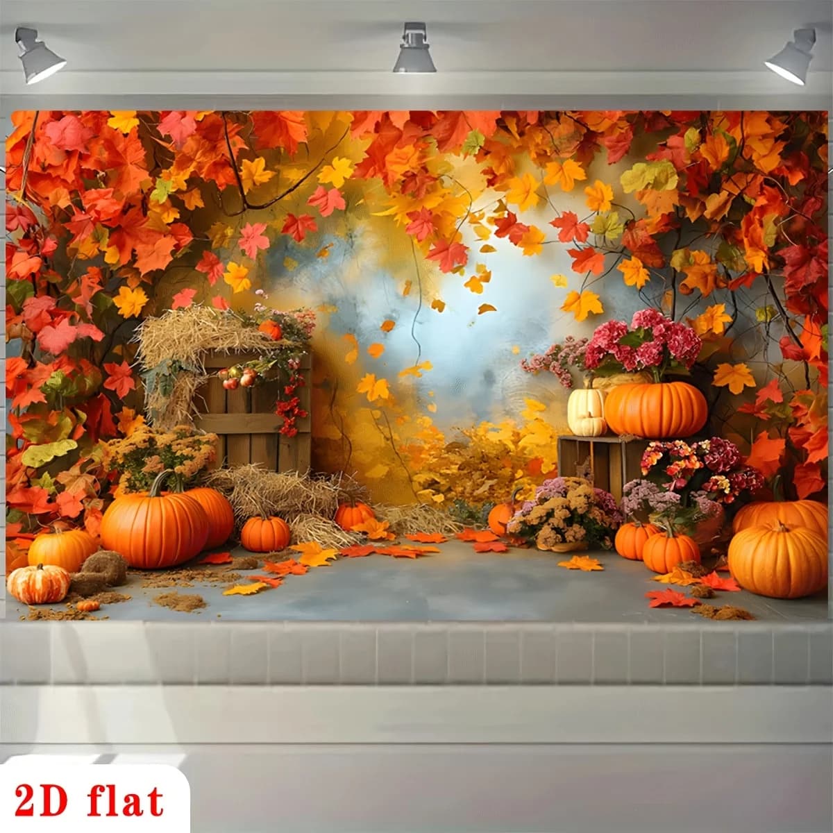 2D flat design, 1 piece per pack. Warm orange maple sugar pumpkin haystack floral autumn farm banner.zyc