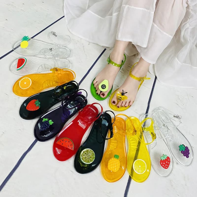 Nuovi sandali in PVC da donna sandali piatti trasparenti da spiaggia sandali per adulti in gelatina antiscivolo con frutta 3D infradito con fiori 36-42
