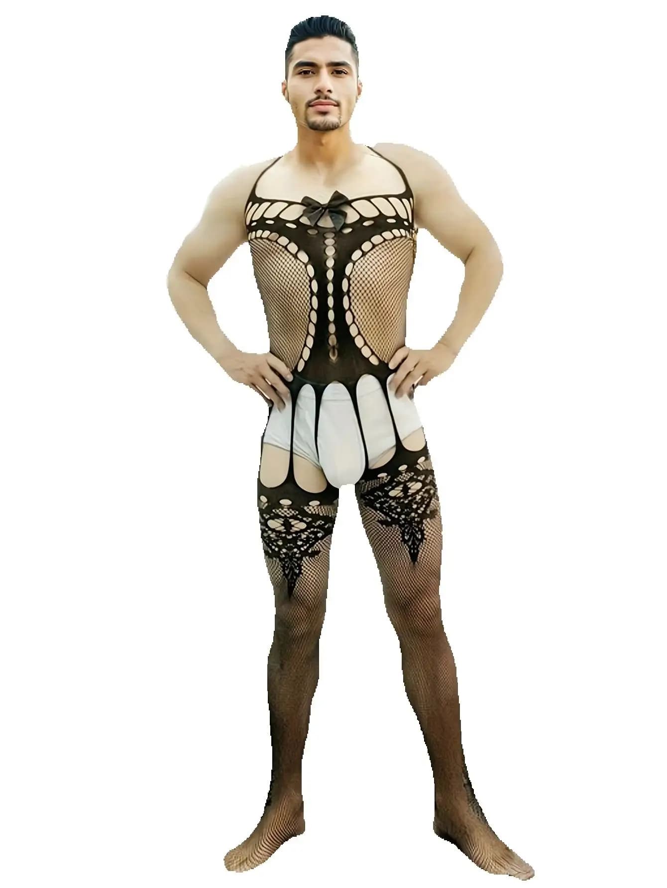Completo intimo da uomo sexy con frange e rete, vestaglia intera aperta con scollo all'americana, per un look seducente e audace