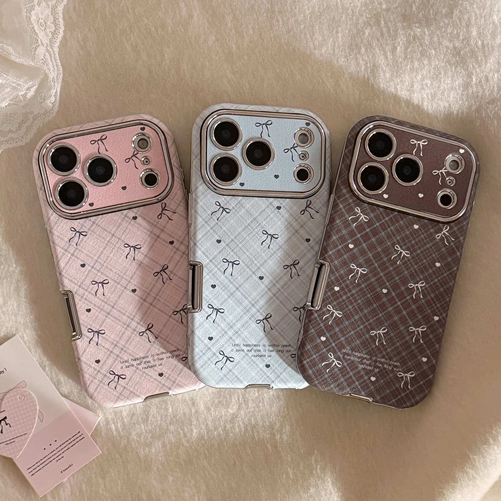 Korean Retro Plaid Grid Model Bowknot Texture Leather Phone Case For iPhone 17 16 15 14 13 12 11 Pro Max Antiurt Cover Soft