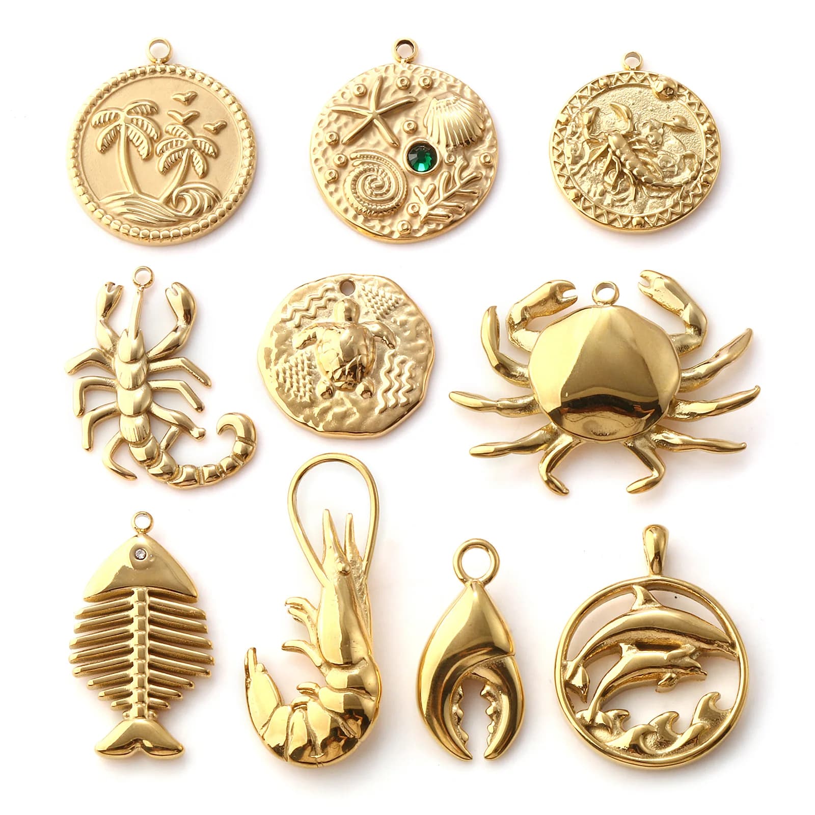 1 Piece 304 Stainless Steel Ocean Jewelry Charms 18K Gold Plated Crab Fish Shrimp Starfish Pendants For DIY Necklace Keychains