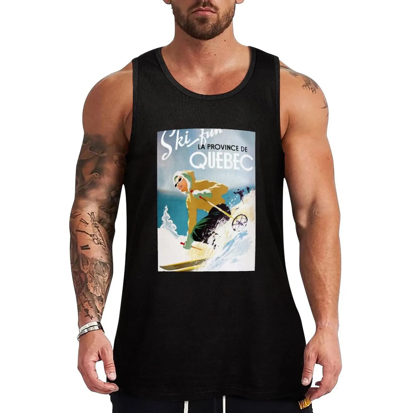 Poster vintage da sci, donna che fa sci in Quebec, canotta da vacanza, canotta casual senza maniche, camicia da spiaggia