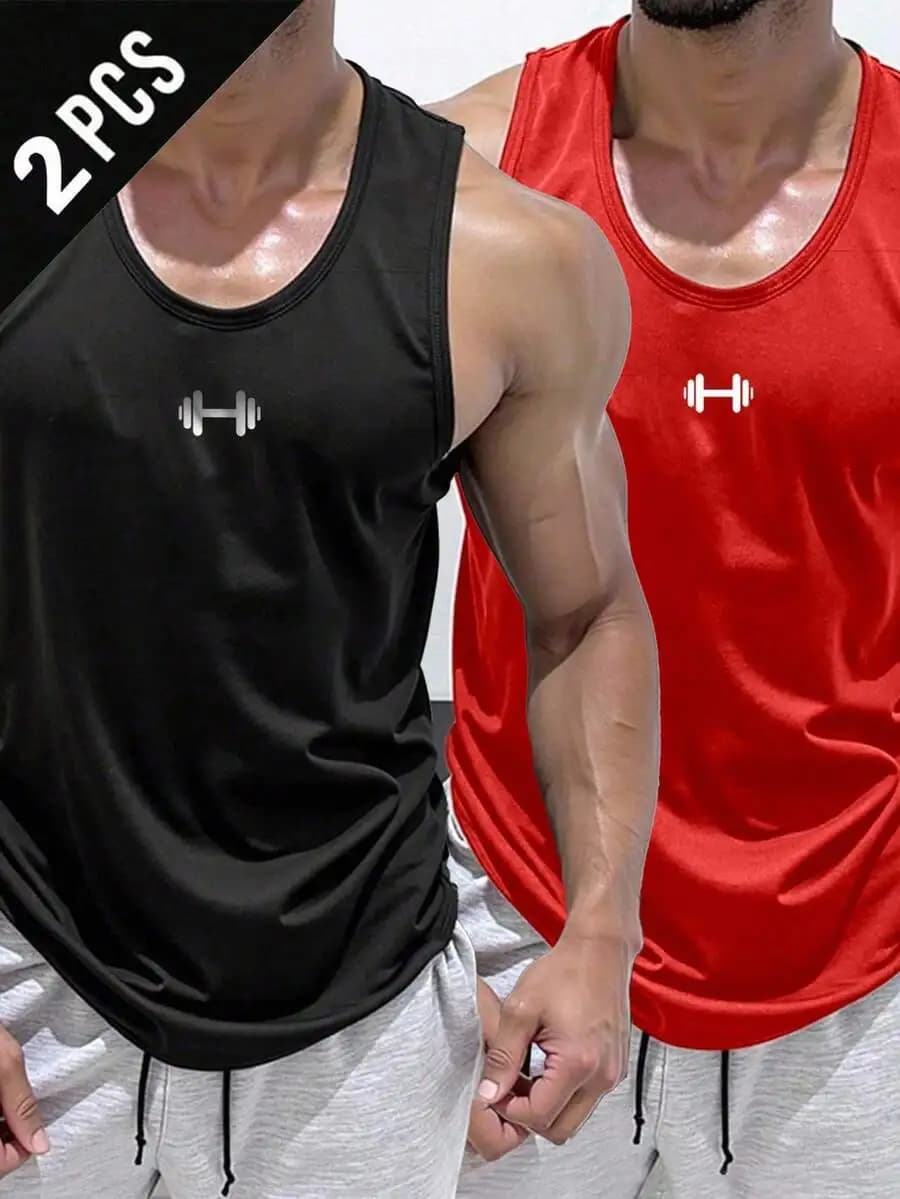 Confezione da 2 canotte sportive da uomo senza maniche con grafica a forma di manubrio, girocollo, magliette da allenamento fitness ad asciugatura rapida