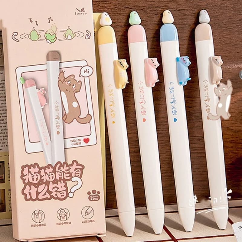 Confezione da 2 penne in gel nere con disegni di uccelli e gatti, assortite in modi casuali, penne Dopamine Cat Click, penne magnetiche creative con divertenti motivi animali, adatte per prendere appunti e scrivere, perfette per forniture da ufficio e scuola, un ottimo regalo per le vacanze.