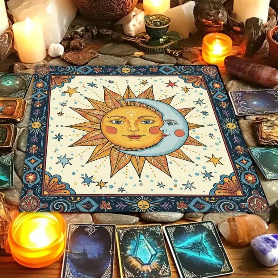 1 Pezzo Elegante Tappeto Altare Tarocchi Mandala Sole e Luna, Tappetino Oracolo Astrologia Stregoneria Cielo Stellato, Tovaglia Nera per Tarocchi per la Casa
