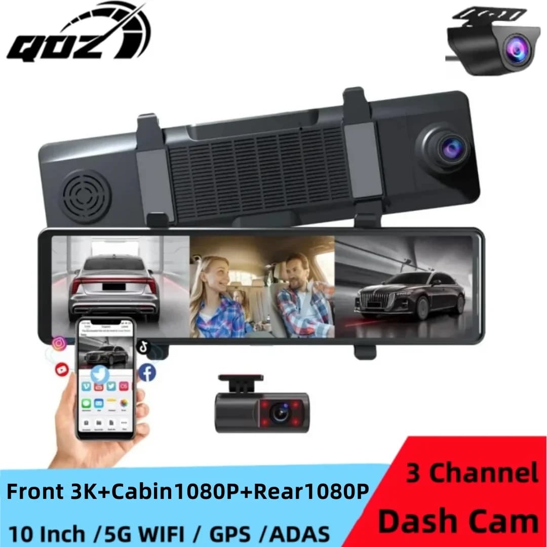 QOZ Dash Cam for Auto WIFI Car DVR 3 Channels Video Camera Front Video Recorder Camera Retrovision for Vehicle Black Box Car Assecories