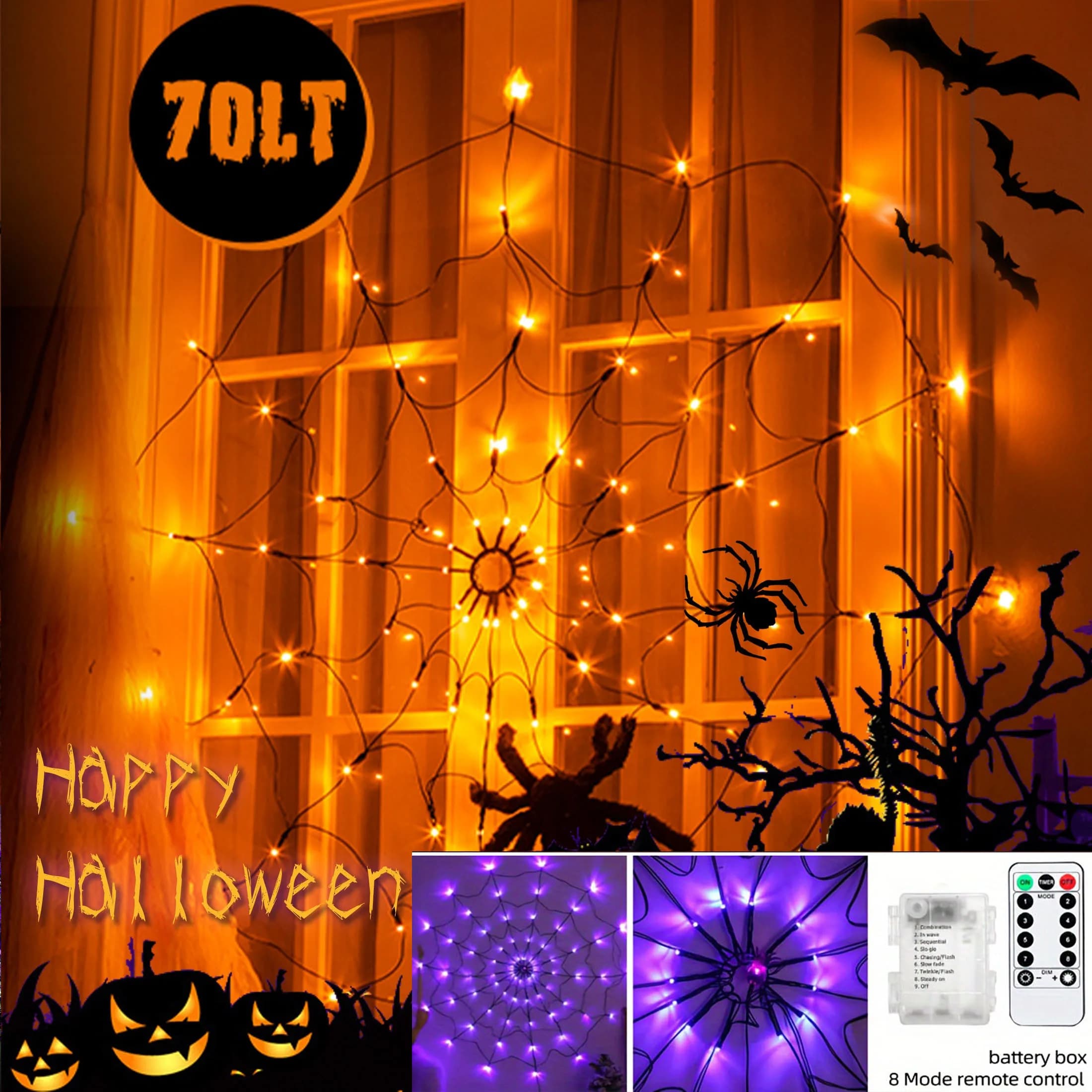 Luci a stringa LED a ragnatela per luci d'atmosfera di Halloween Alimentate a batteria 70LED Decorazione per feste da parete per esterni con telecomando
