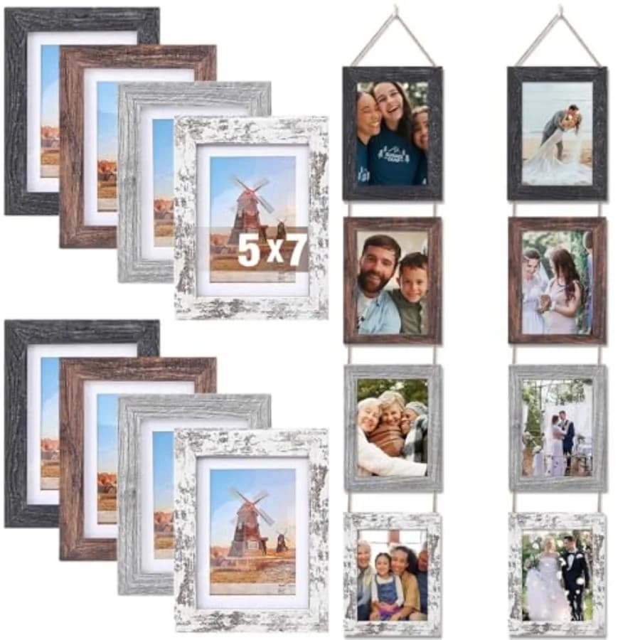 Set di 2 Cornici da Parete con 8 Aperture, Cornici Multiple per Foto di Amici, Famiglia, Matrimonio, Stile Rustico D