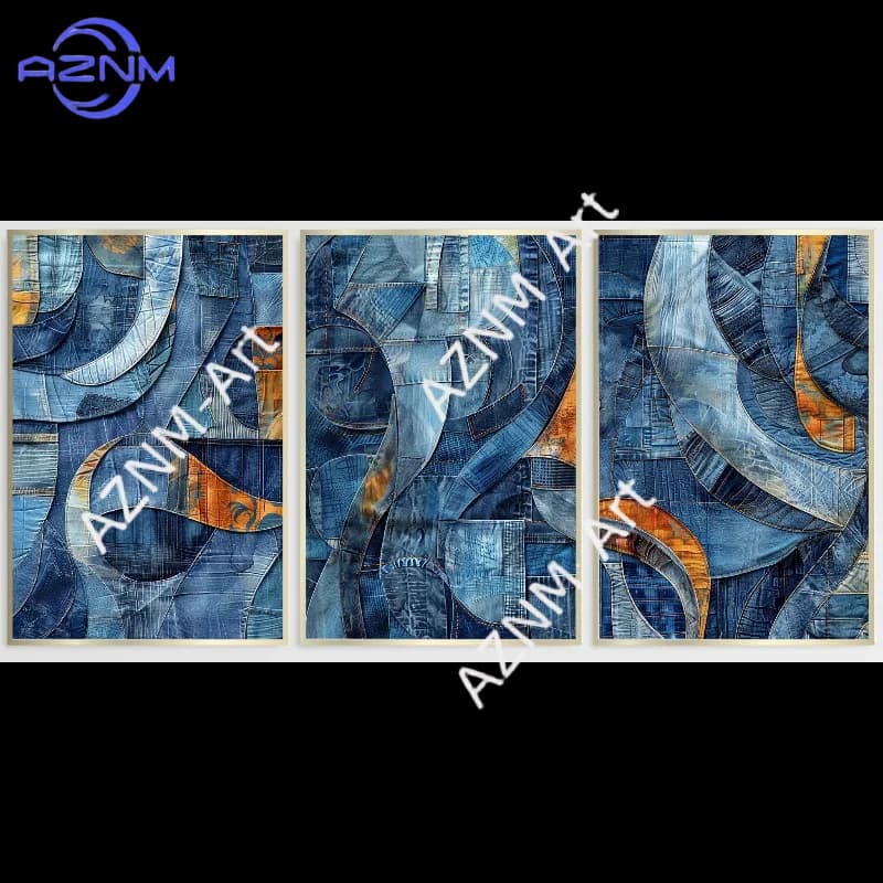 1/3Pcs Denim Decor Abstract Wall Art, Blue Jeans Cowgirl Triptych Canvas, Western Cowboy Retro Room Poster, Denim Fabric