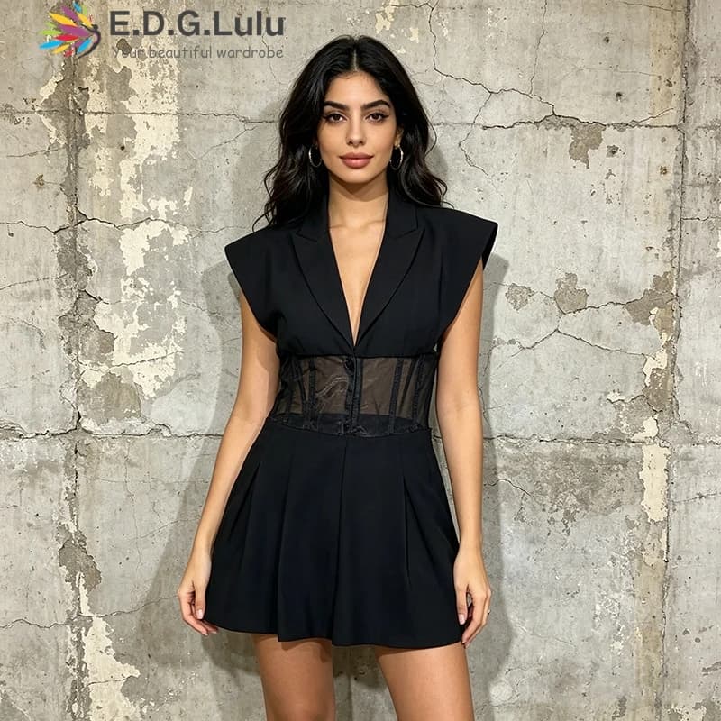 EDGLuLu 2026 Nuovo Gilet Senza Maniche con Colletto Rovesciato, Design Donna, Gilet Bianco con Inserti in Rete a Vita Alta 0523