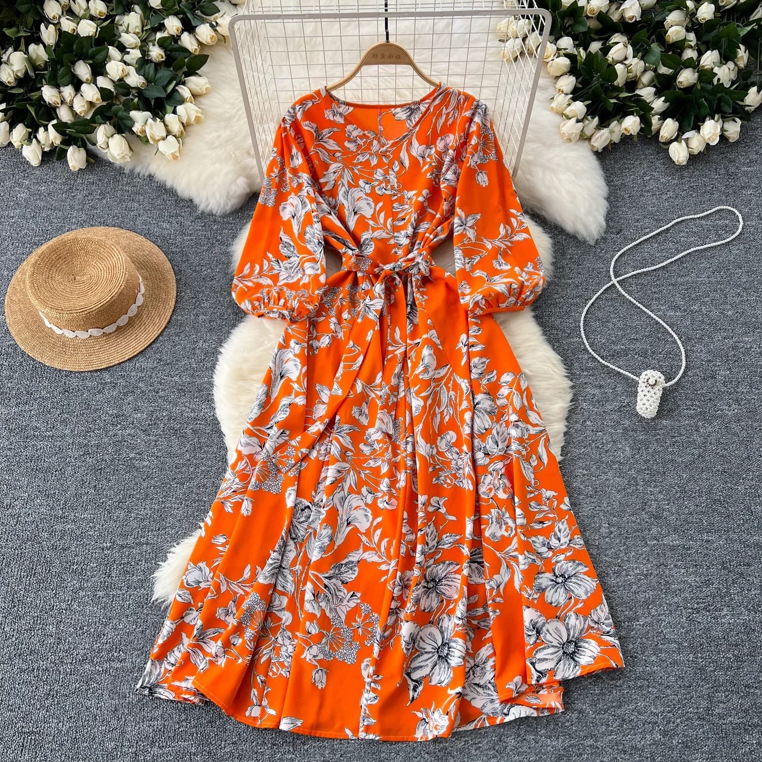 Elegant Boho Floral Print Pleated Maxi Long Dress V Neckline Sleeveless Belt Women's Dress Summer Robe