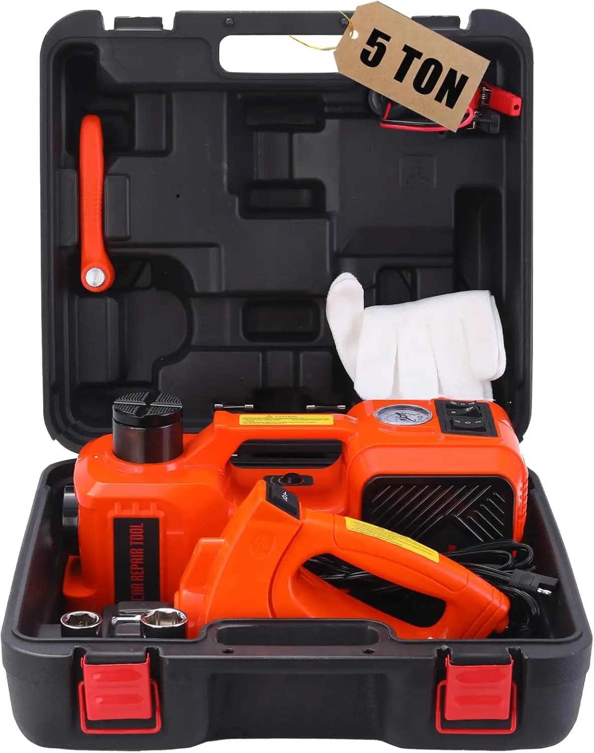 Kit Martinetto Idraulico Elettrico da 5 Tonnellate con Avvitatore a Impulsi e Pompa Gonfiagomme per SUV e Berlina, Include Luce LED