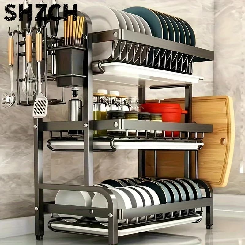 Dish Rack, Three-Tier Space-Saving Kitchen Countertop Dish Holder, Storage Rack with Cutting Board, Bowl and Plate Holder