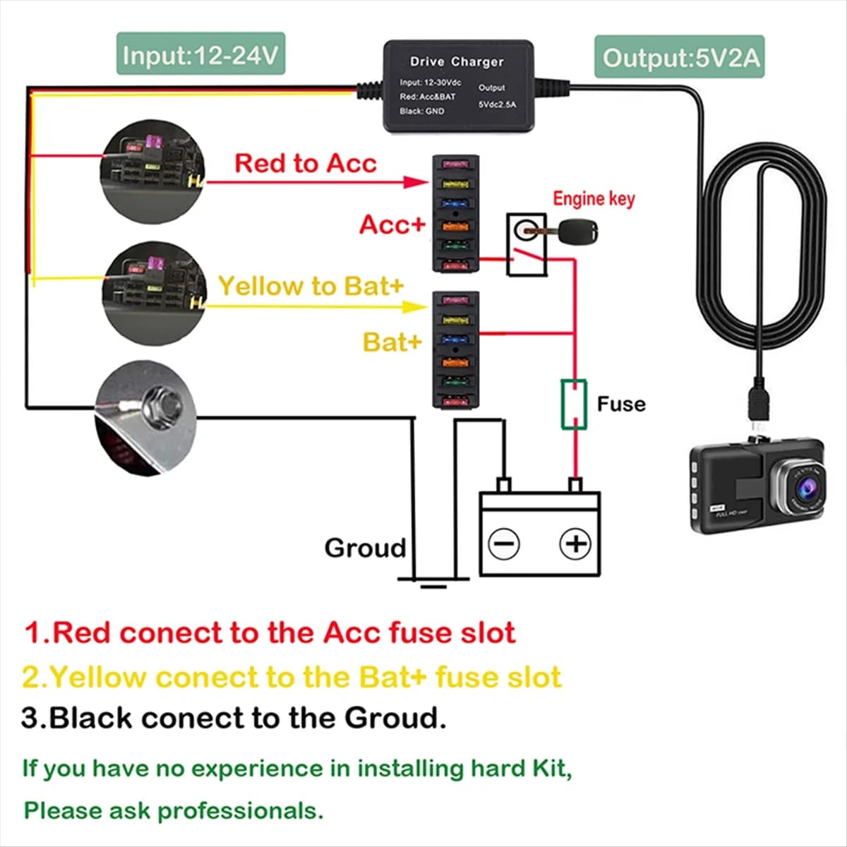 Parking Surveillance Cable for 70mai 4K A800S A500S D06 D07 D08 M300 UP02 Rigid Cable for Car DVR 24 Hours Parking Monitor