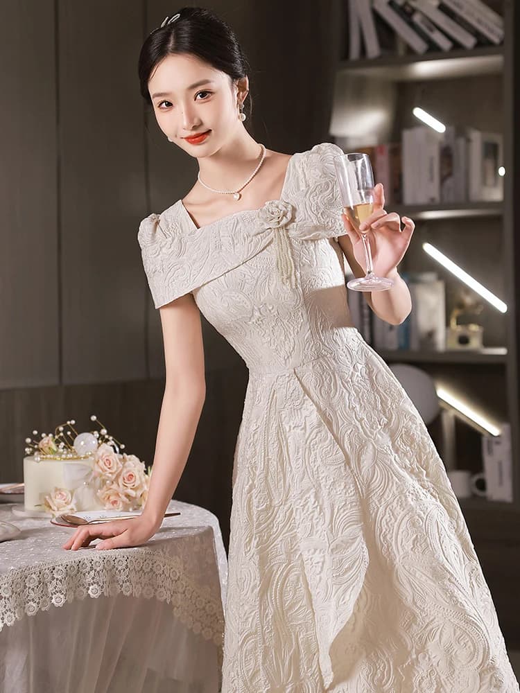 Elegant White Evening Gown for Women Hostess Registration Adult Ceremony Short Sleeve Long Dress Korean Style mid Waist