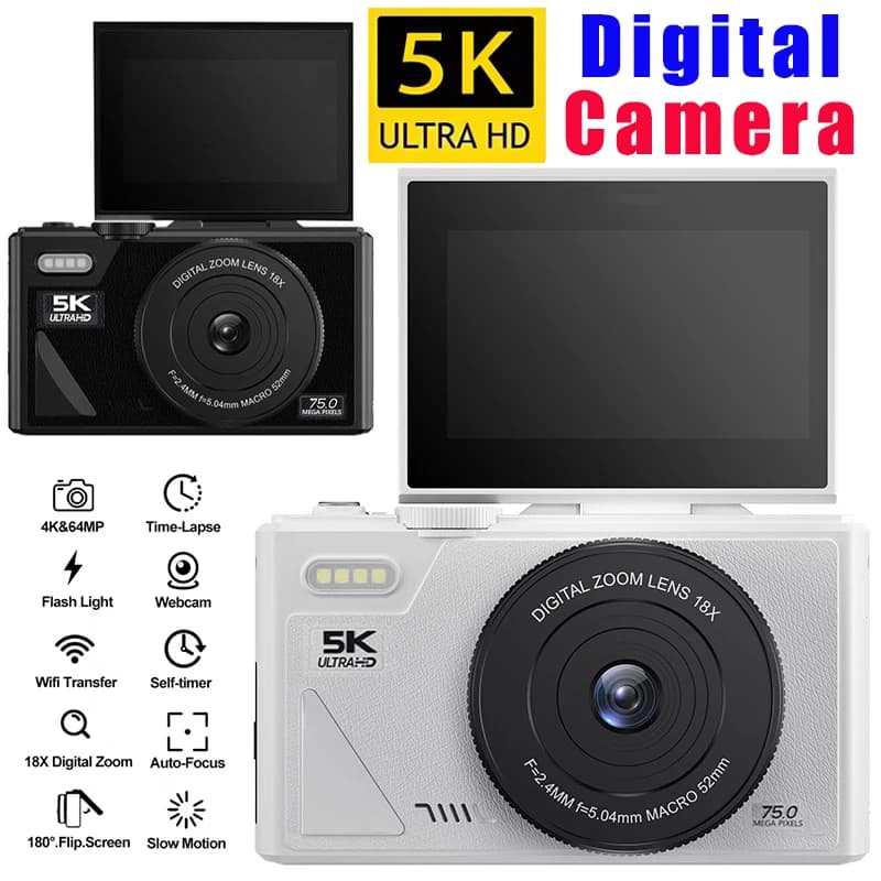 Fotocamera digitale da 75 MP Fotocamera da 3,0 "Tela ribaltabile WIFI Zoom digitale 18X Videoregistratore Vlog vintage 5K Videocamere webcam YouTube