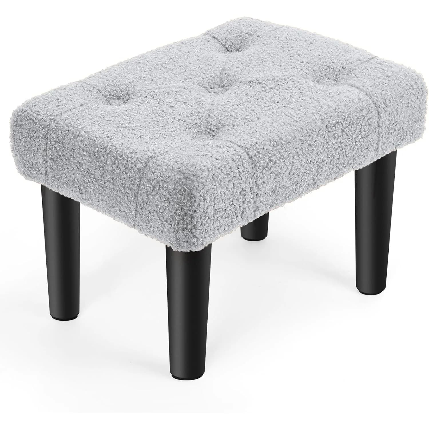 Poggiapiedi ottomano piccolo con gambe, poggiapiedi in velluto Teddy per ufficio, soggiorno, dormitorio, camera da letto | Grigio