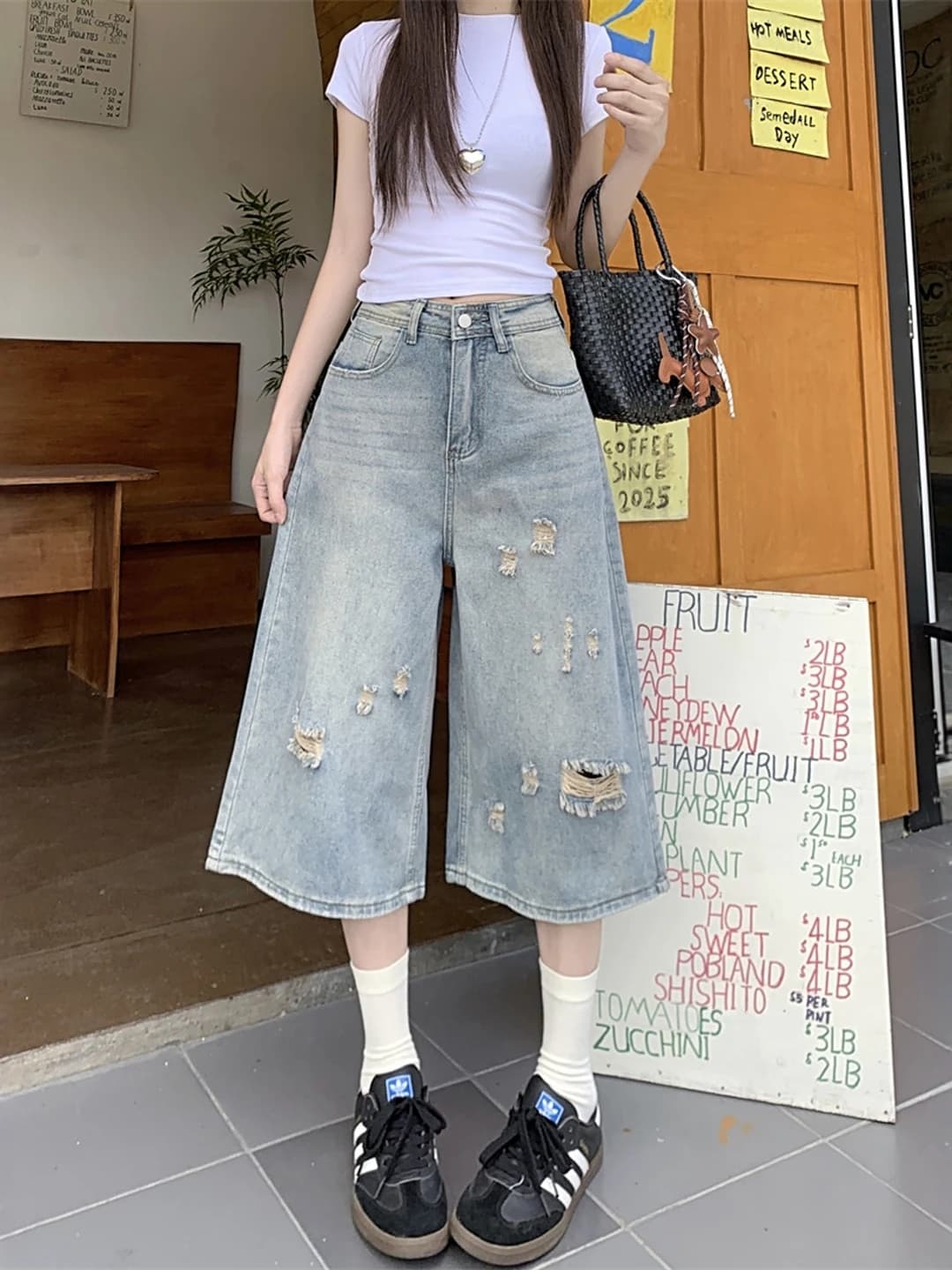Blue American Retro High Waist Seven-Foot Denim Jeans Women's New 2026 Summer Distressed Straight Leg Wide Leg Mid-Pants