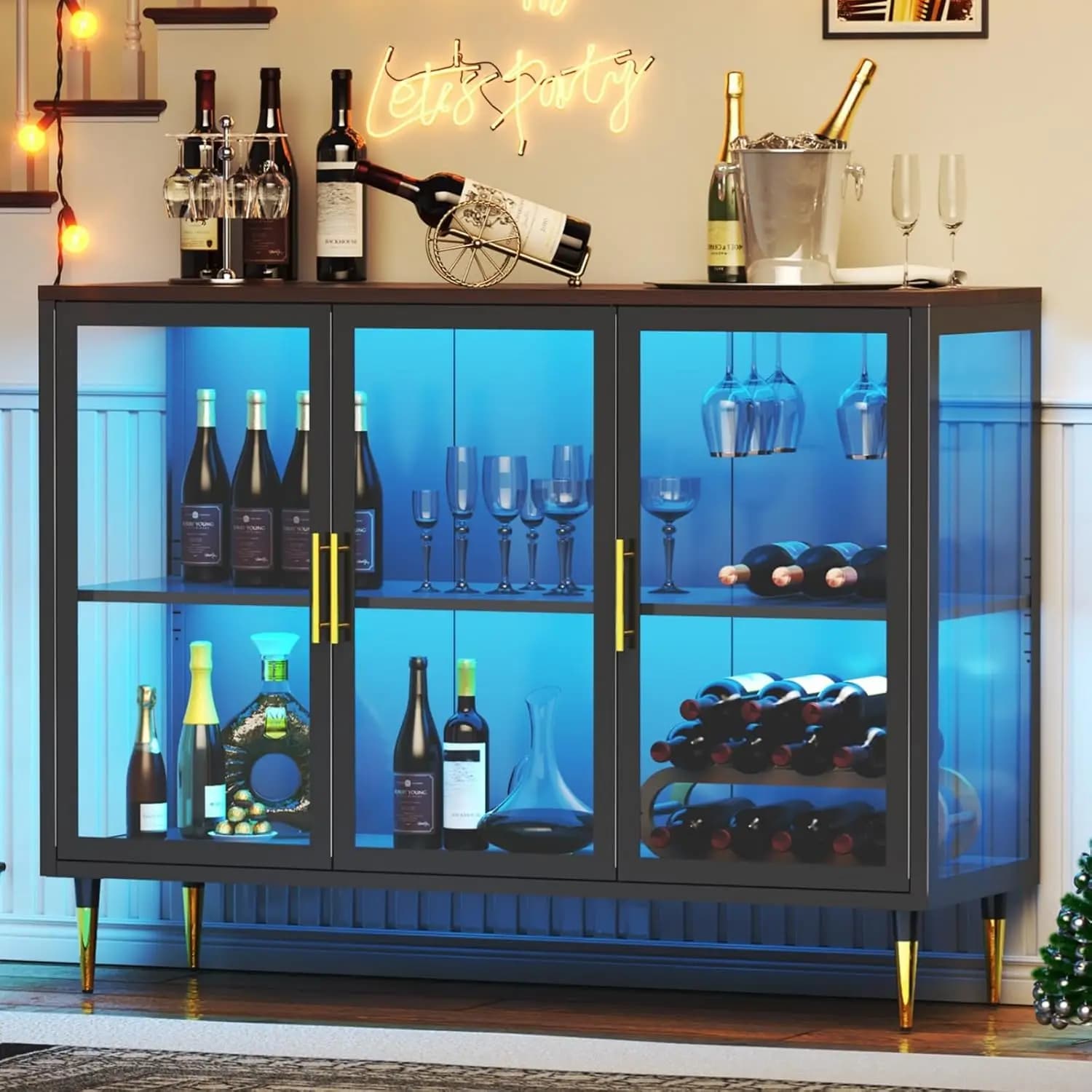 Black LED Wine Bar Cabinet Metal Wood Glass Holder Storage Buffet Sideboard for Living Dining Room, Customized
