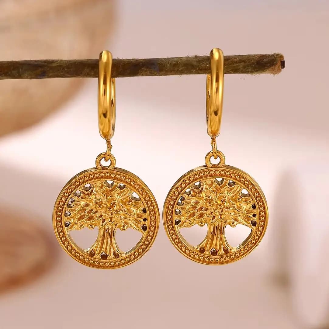 Tree of Life Hoop Earrings for Women Stainless Steel Gold Color Round Pendant Earring Exquisite Wedding Party Jewelry Gift